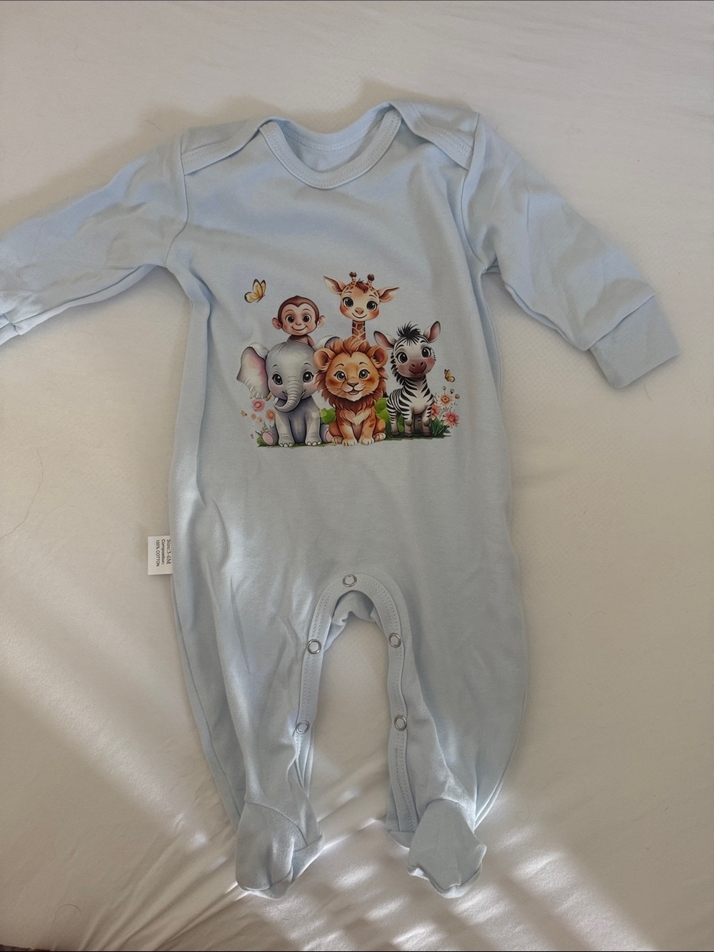 Light Blue Baby One-Piece with Safari Animal Print Never Worn